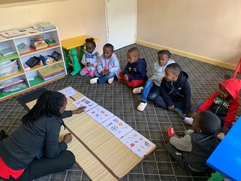 Teacher leading a flashcard lesson